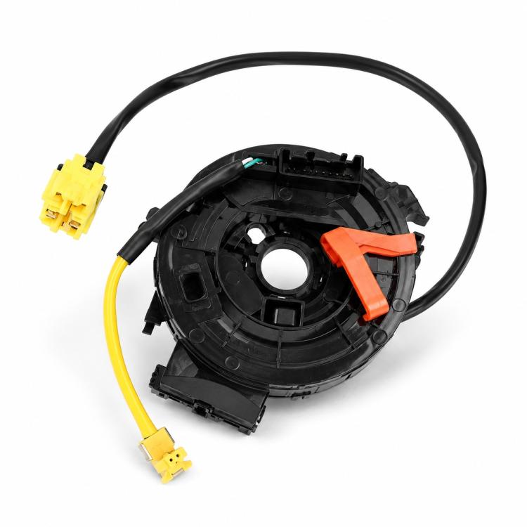 Clock spring spiral cable assembly with yellow electrical plugs and orange latch