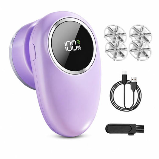 Purple electric fabric sweater shaver with circular digital display and 4-blade cutter head