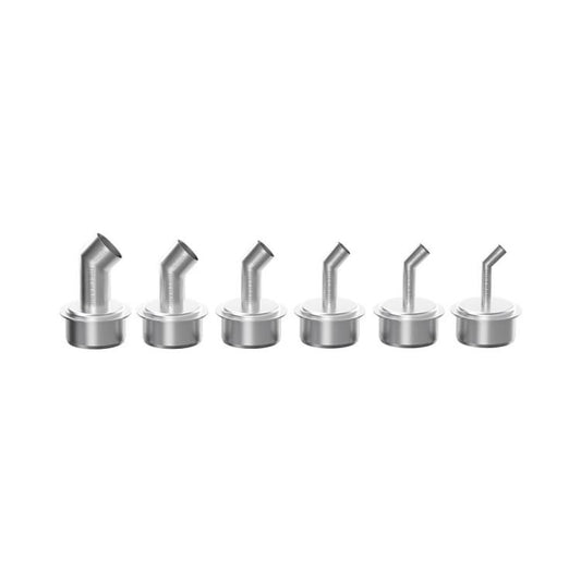 Six metal hot air gun nozzles with curved/angled tips on round bases