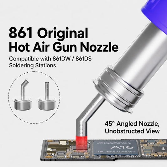 Angled hot air gun nozzle adapter with metal curved tip and round base