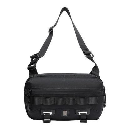 Black crossbody sling bag with adjustable shoulder strap and front organizer panel.