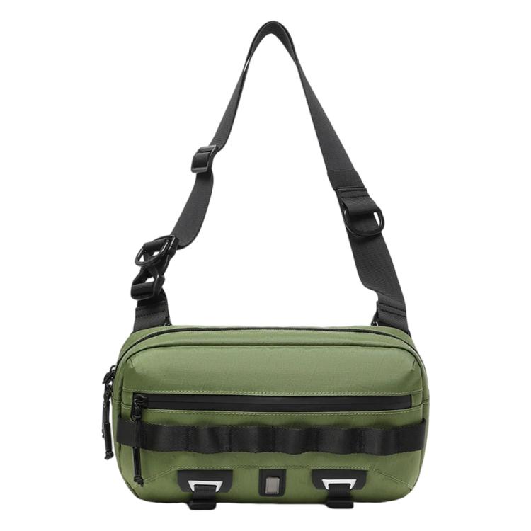 Army green crossbody sling bag with adjustable straps and front utility organizer.