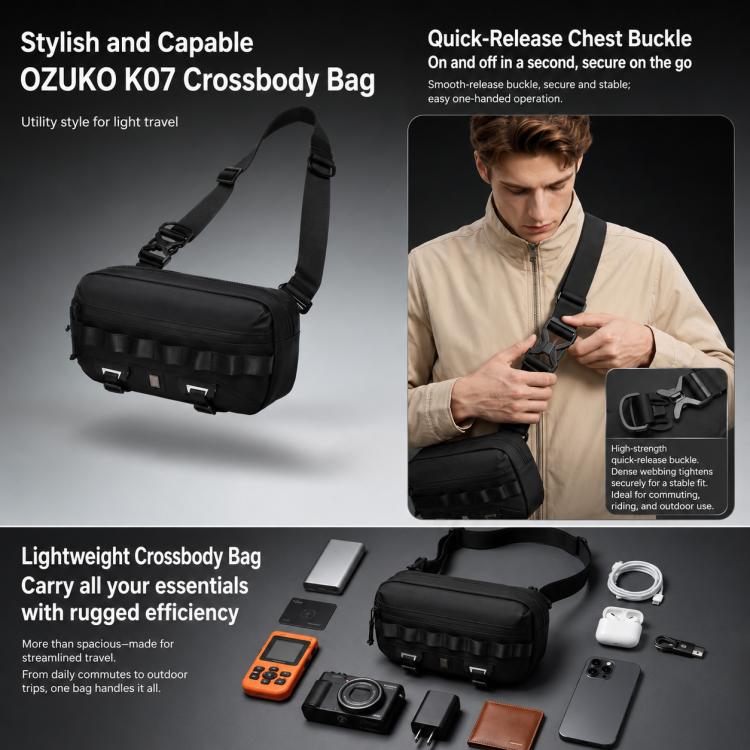 Black crossbody bag with quick-release chest buckle and streamlined front storage.