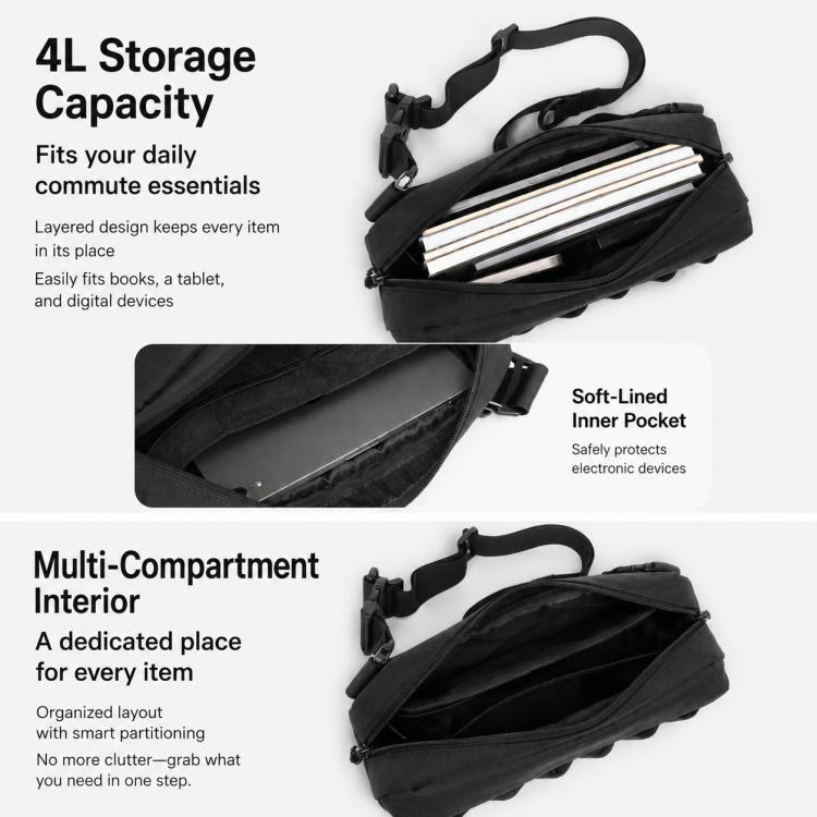 Black crossbody bag interior with layered compartments, tablet sleeve, and soft-lined pocket.