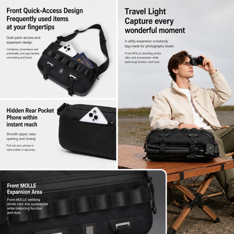 Black crossbody bag with front quick-access zipper and hidden rear phone pocket.