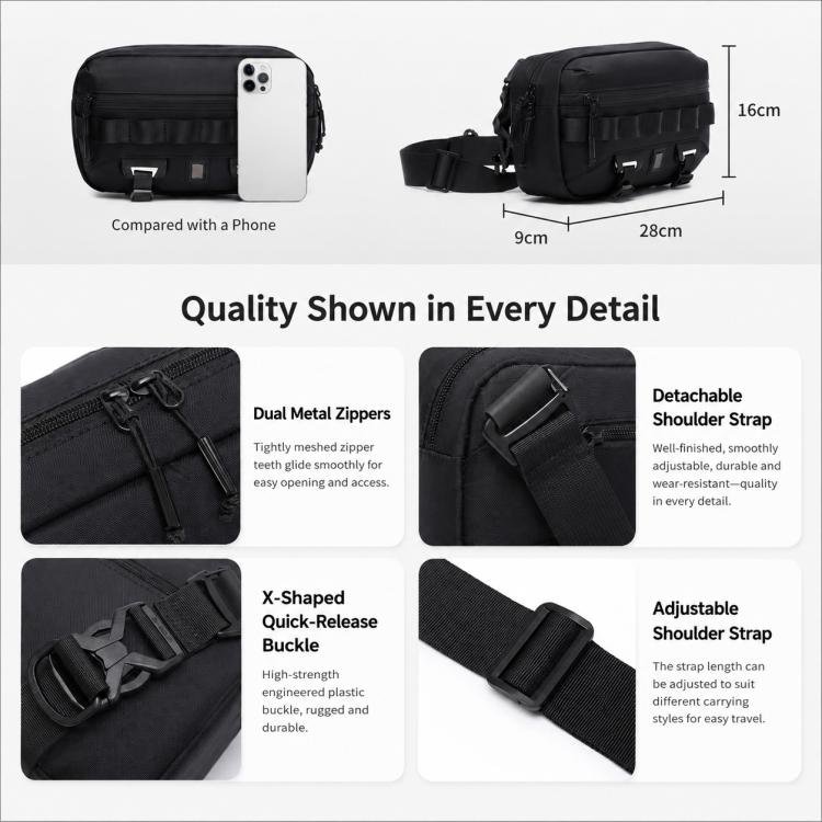 Black crossbody bag with dual zippers, detachable strap, and quick-release buckle.