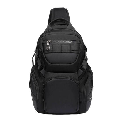 Black multifunction sling chest bag with top handle, front zip pocket, and adjustable strap.