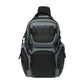 Grey and black multifunction sling chest bag with front zip pocket and padded adjustable strap.