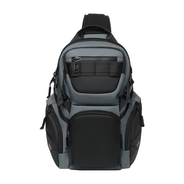 Grey and black multifunction sling chest bag with front zip pocket and padded adjustable strap.