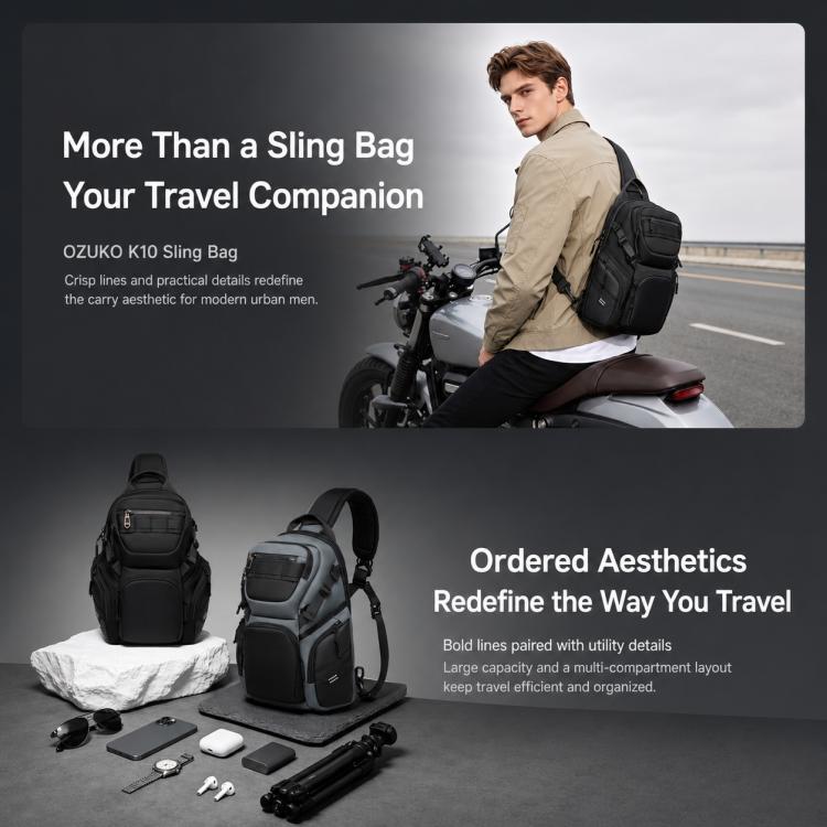 Black utility sling bag with multiple compartments, worn crossbody with adjustable shoulder strap.