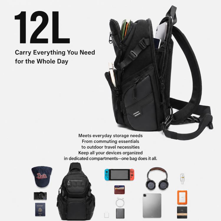 Black 12L capacity sling chest bag with multiple front pouches and adjustable shoulder strap.