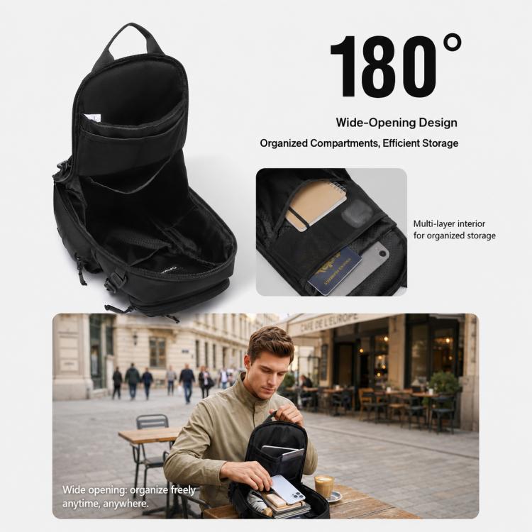 Black sling chest bag with wide-open top for easy access and internal organized compartments.