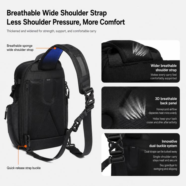 Black sling chest bag with breathable shoulder strap design and padded back panel.