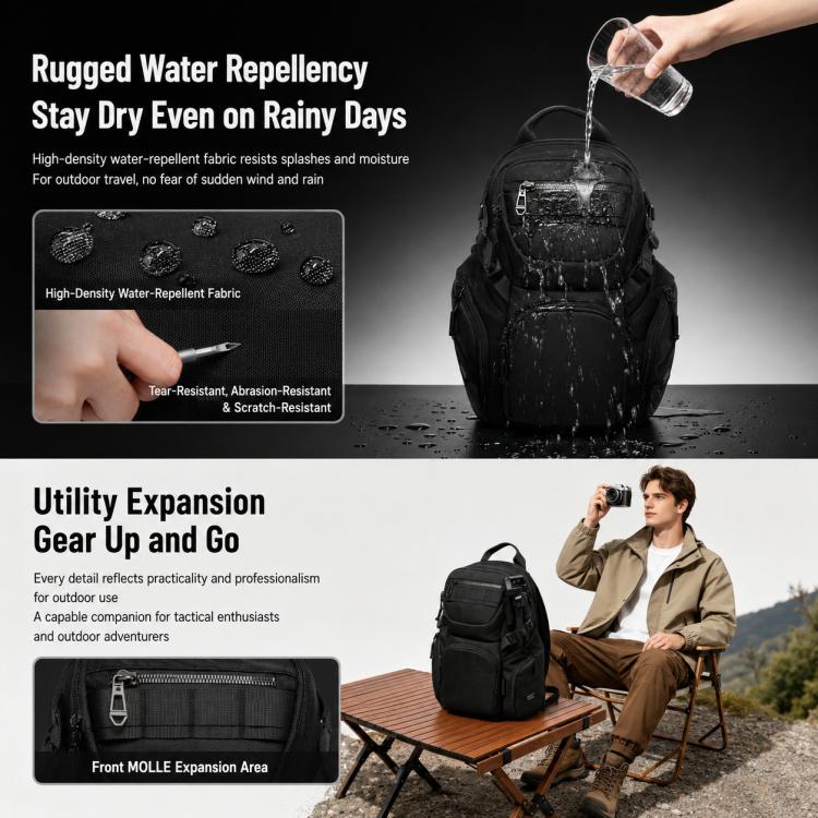 Black water-repellent sling chest bag with zipped front and rugged outer texture.