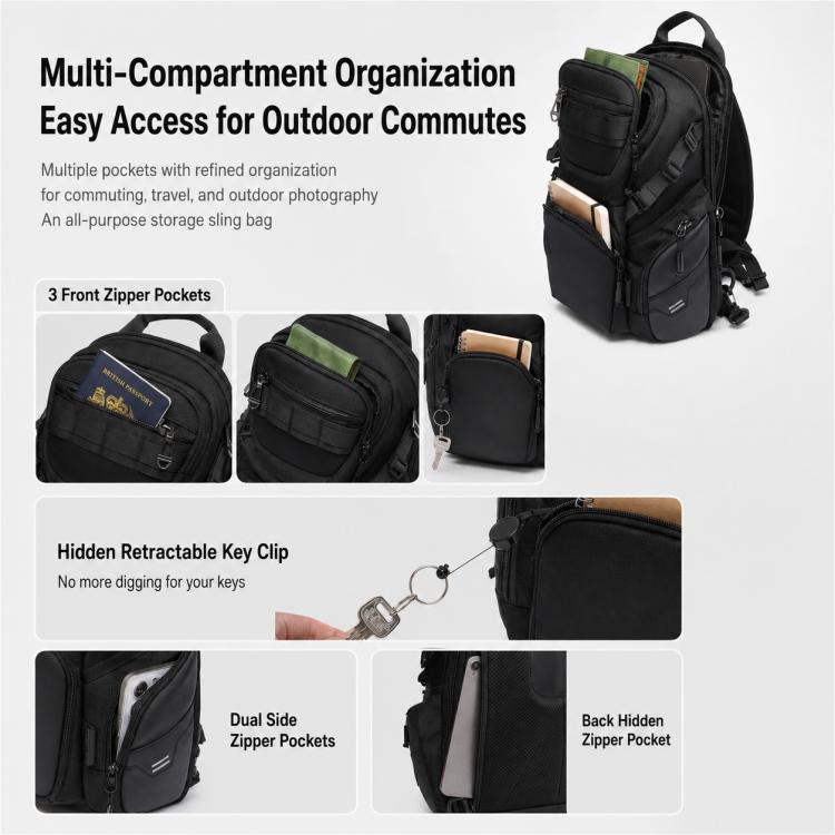 Black multi-compartment sling chest bag with front pockets and hidden key clip detail.