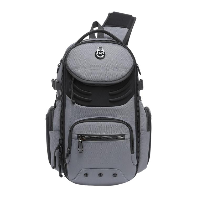 Grey and black men's large utility chest sling bag with front zip pocket and shoulder strap.