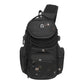 Black camo-pattern men's large utility chest sling bag with front zip pocket and straps.