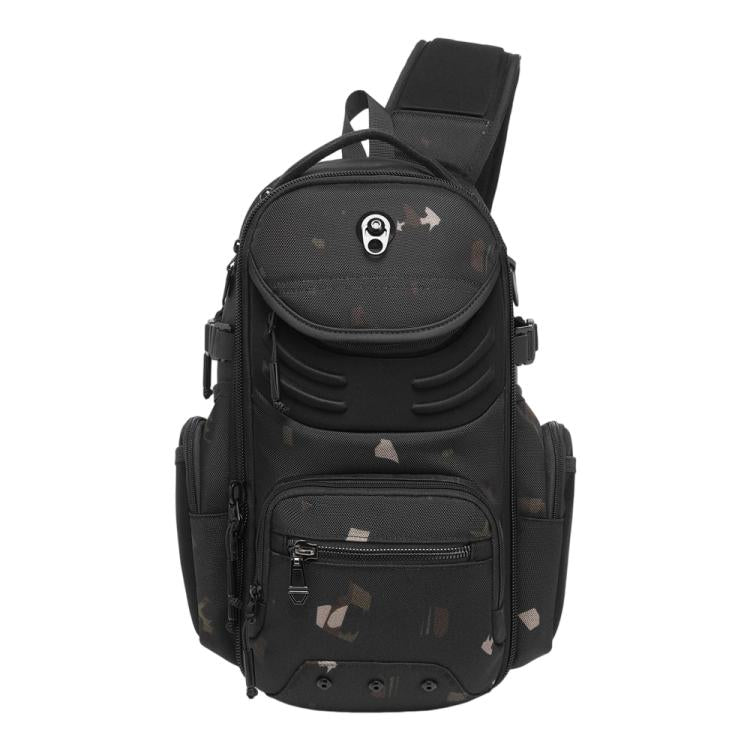 Black camo-pattern men's large utility chest sling bag with front zip pocket and straps.