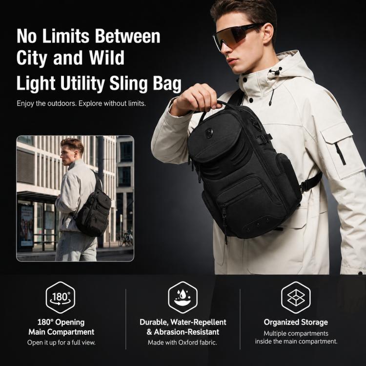 Black men's utility sling chest bag with front flap and adjustable shoulder strap.