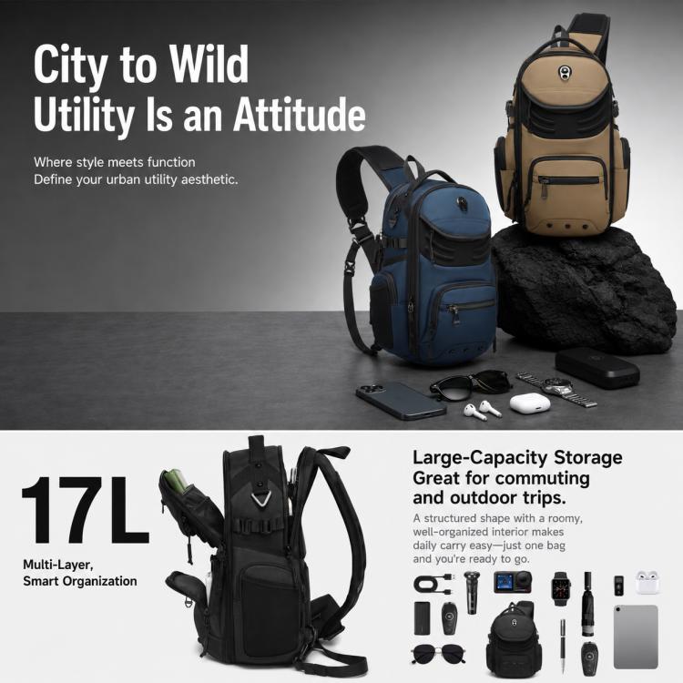Black, blue, and tan men's utility sling chest bags with front zip pockets and straps.