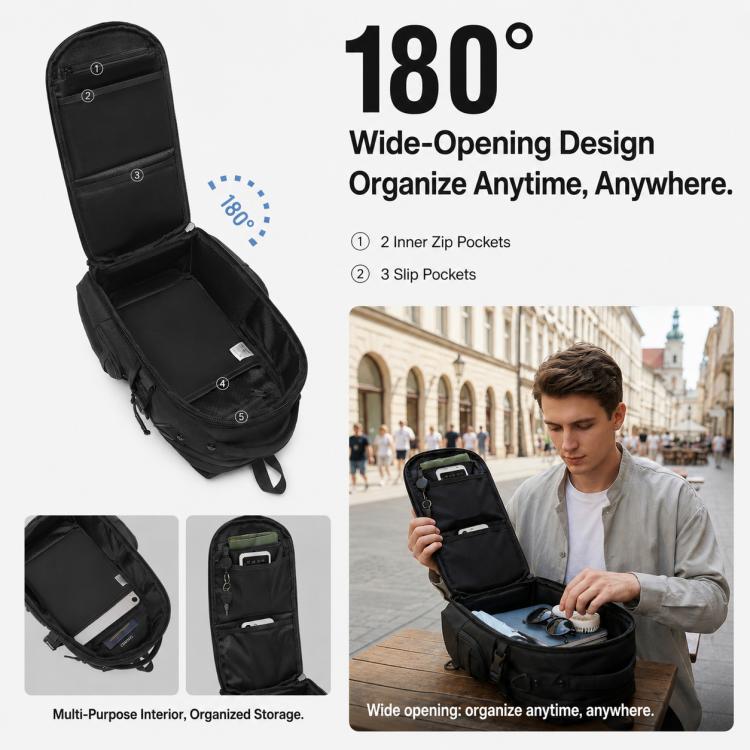 Black wide-opening chest bag with open compartment and multiple zip pockets, laid flat.