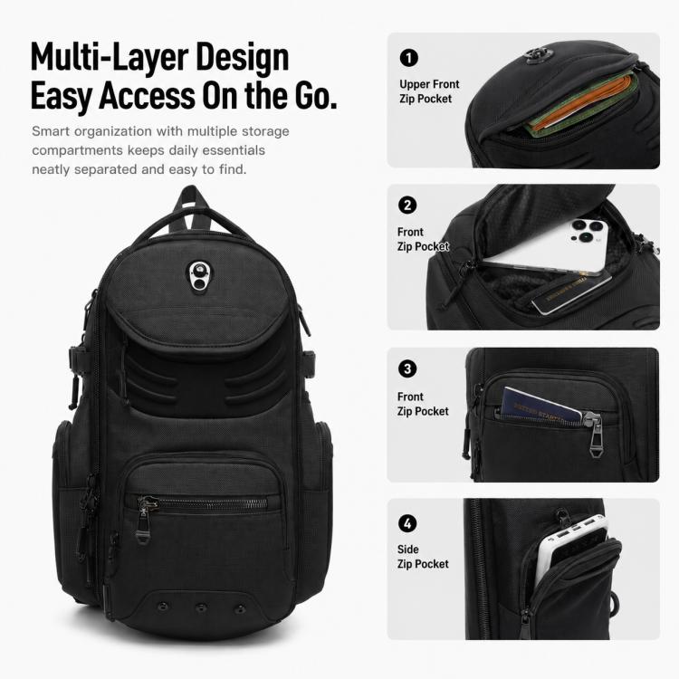 Black multi-layer chest bag with front zip pocket, side zip pocket, and open compartments.