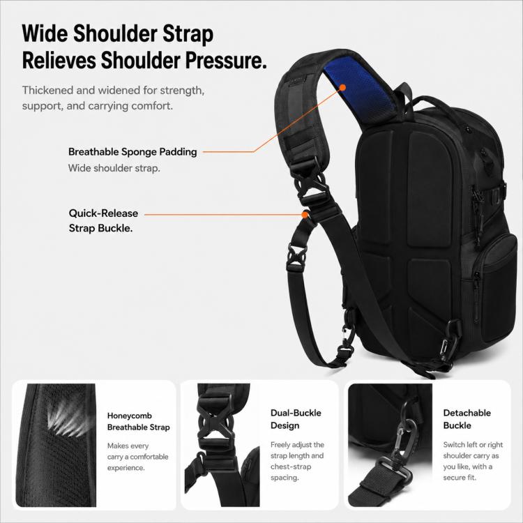 Black chest bag with wide padded shoulder strap, quick-release buckle, and front pocket