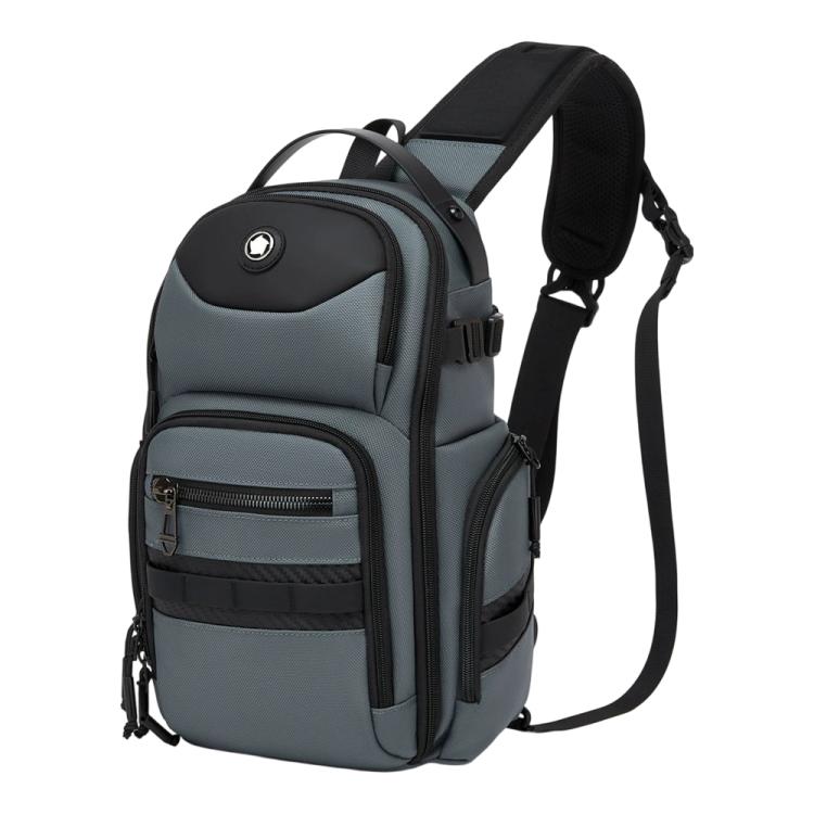 Grey crossbody chest bag with adjustable strap and front zip organizer compartments.