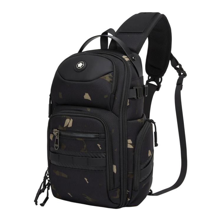Camouflage crossbody chest bag with adjustable strap and front zip pocket organizer.