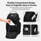 Black crossbody chest bag close-up with front zipper pocket and interior compartments.