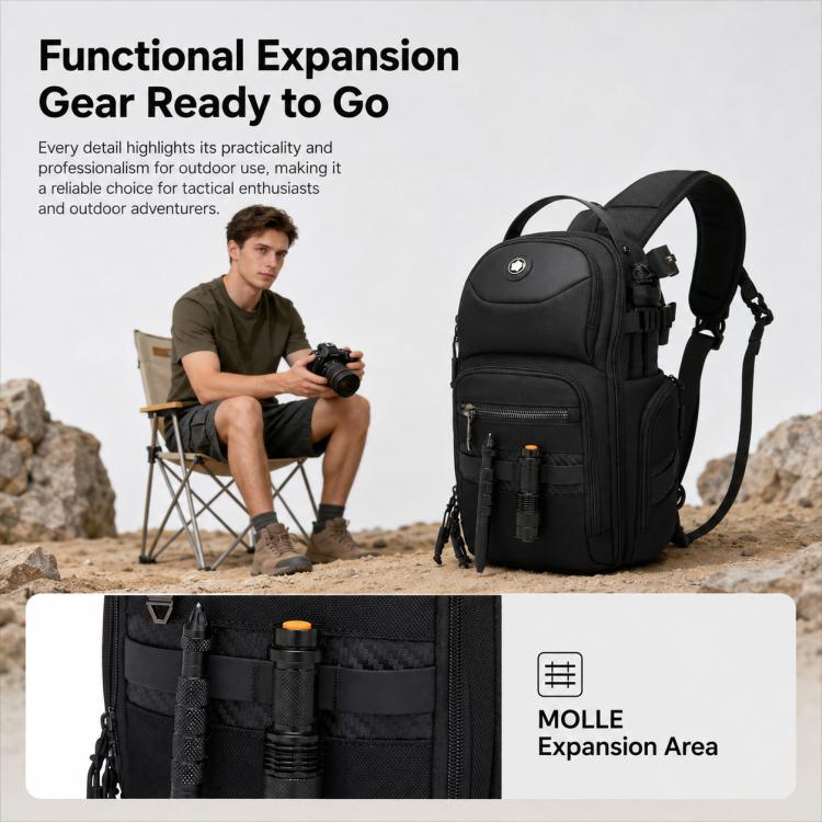 Black tactical crossbody chest bag with front zip pockets and MOLLE-style panel