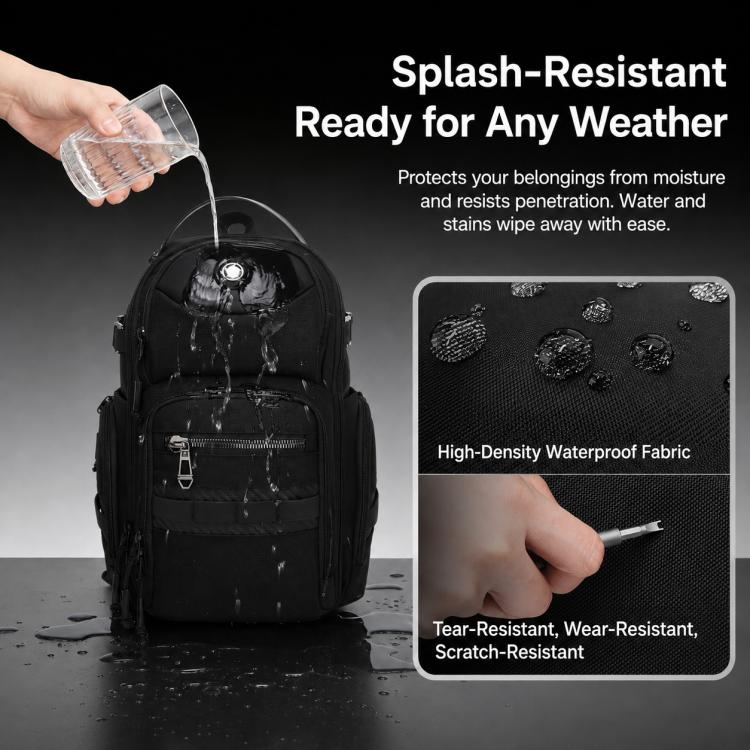 Black water-resistant tactical chest bag with multiple compartments and zip front pocket