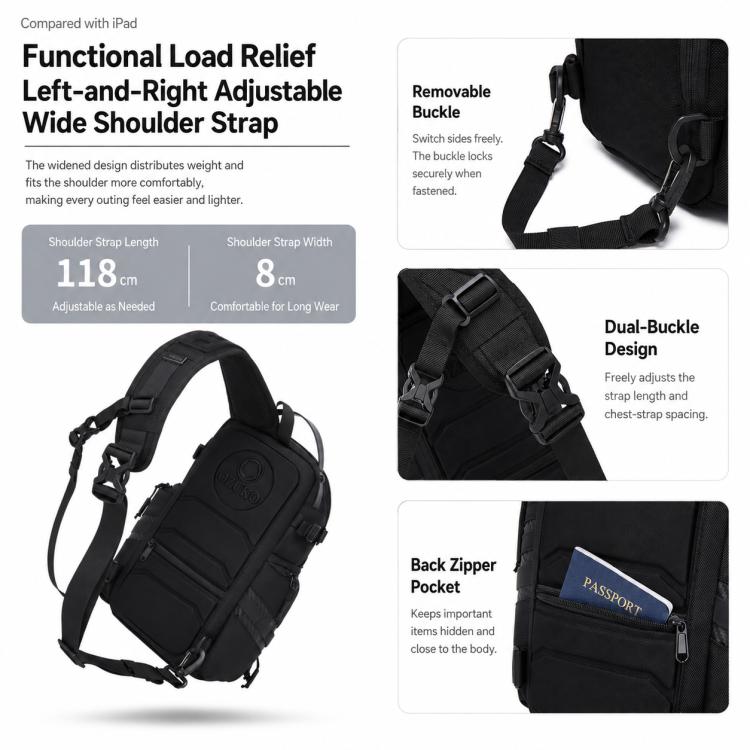 Black crossbody chest bag with adjustable shoulder strap and side buckle closures