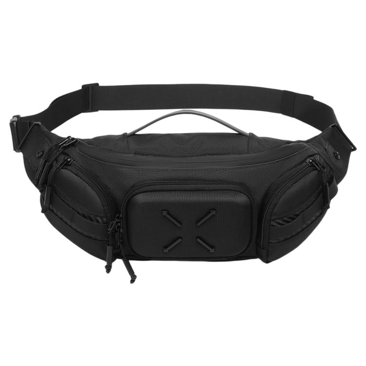 Black waterproof waist bag with front zip pocket, side compartments, and adjustable strap.