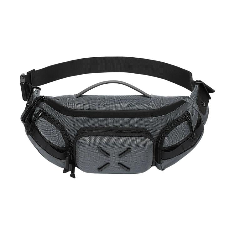 Grey waterproof waist bag with front zip pocket, side compartments, and adjustable strap.