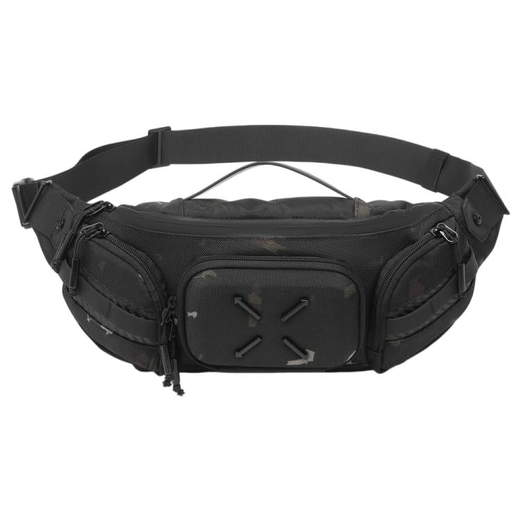 Black waterproof waist bag with textured front panel, side zip pockets, and adjustable strap.