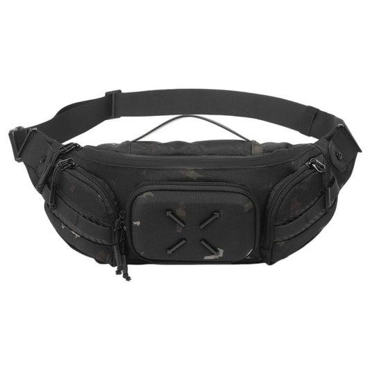 Black waterproof waist bag with textured front panel, side zip pockets, and adjustable strap.