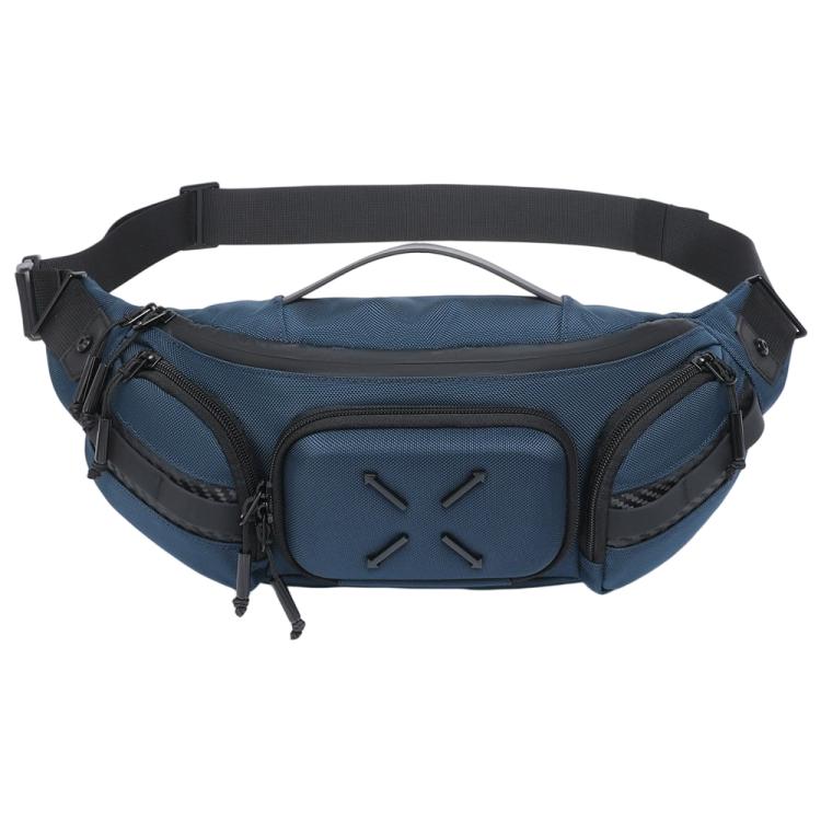 Blue waterproof waist bag with front zip pocket, side compartments, and adjustable strap.