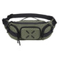 Green waterproof waist bag with front zip pocket, side compartments, and adjustable strap.