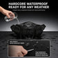 Black waterproof waist bag with water droplets on the front fabric and zipper area.