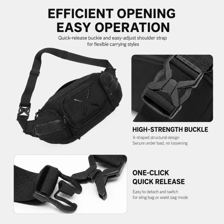Black waterproof waist bag with adjustable strap and quick-release buckle, front pockets