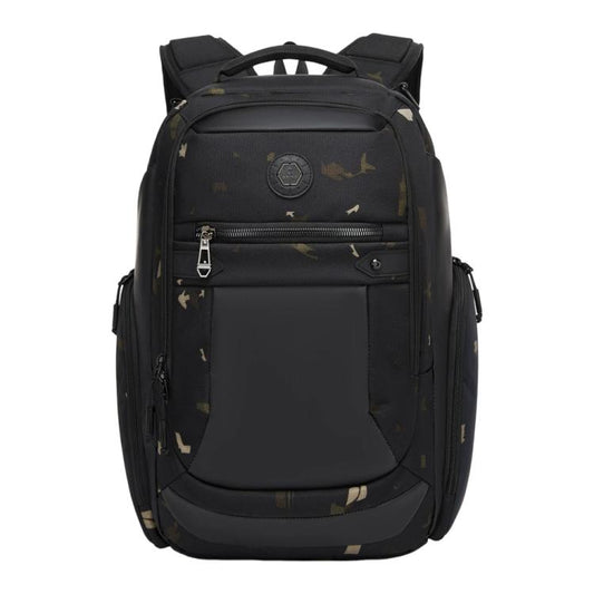 Black camouflage business backpack with front zip pocket and padded laptop section.