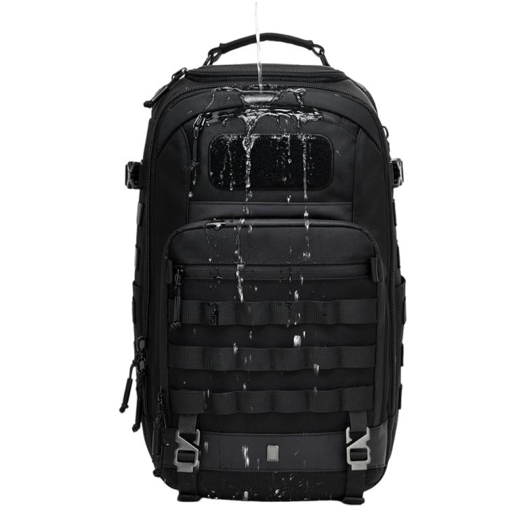 Black waterproof hiking backpack with front organizer straps and padded top handle
