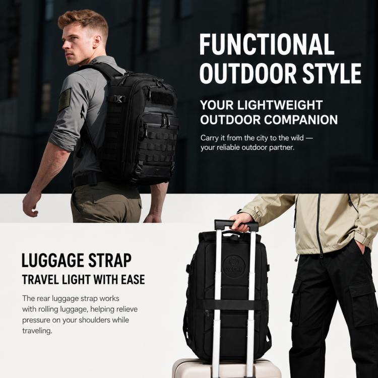 Black waterproof hiking backpack worn on back with front MOLLE webbing