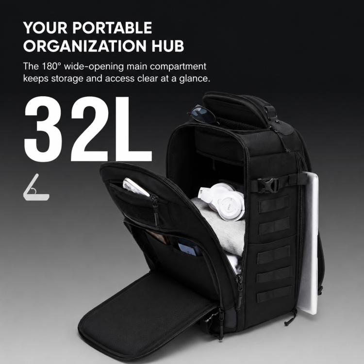 Black waterproof hiking backpack with side compartment and wide-opening front