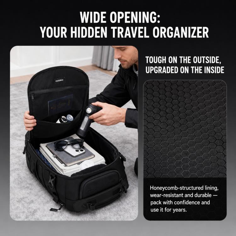 Black waterproof hiking backpack with wide front opening showing organized compartments