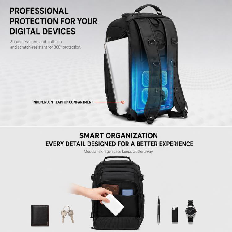 Black waterproof hiking backpack with dedicated laptop compartment and water-resistant sleeve