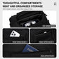 Black waterproof hiking backpack close-up of zipper pockets for organized storage