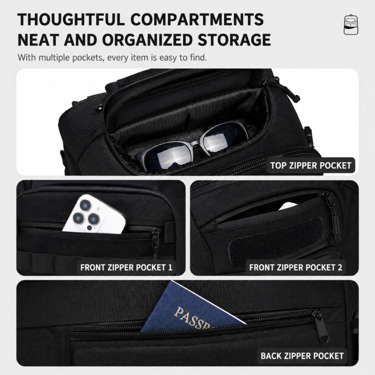 Black waterproof hiking backpack close-up of zipper pockets for organized storage