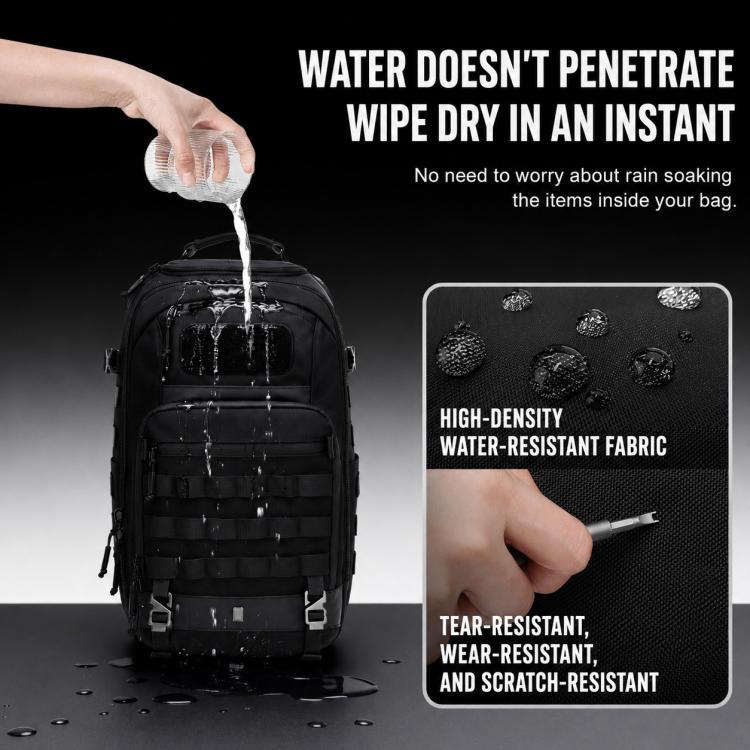 Black waterproof hiking backpack with water droplets on front and water-resistant fabric
